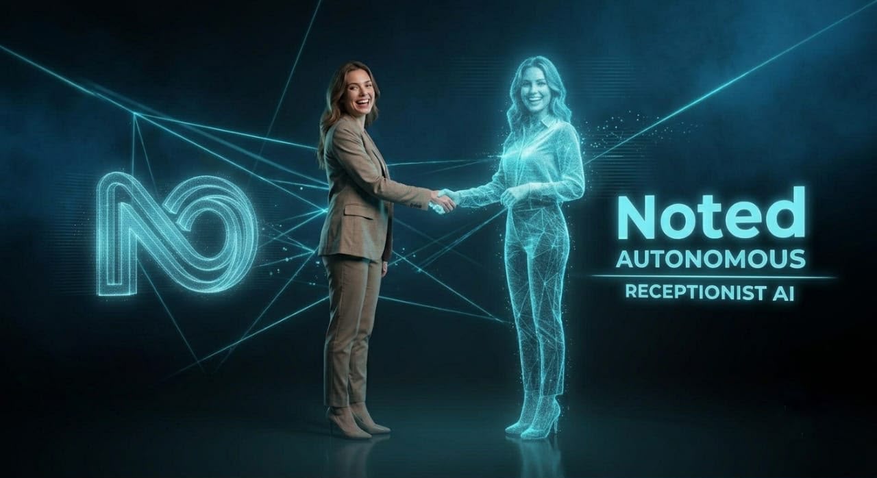 A businesswoman shaking hands with her AI receptionist